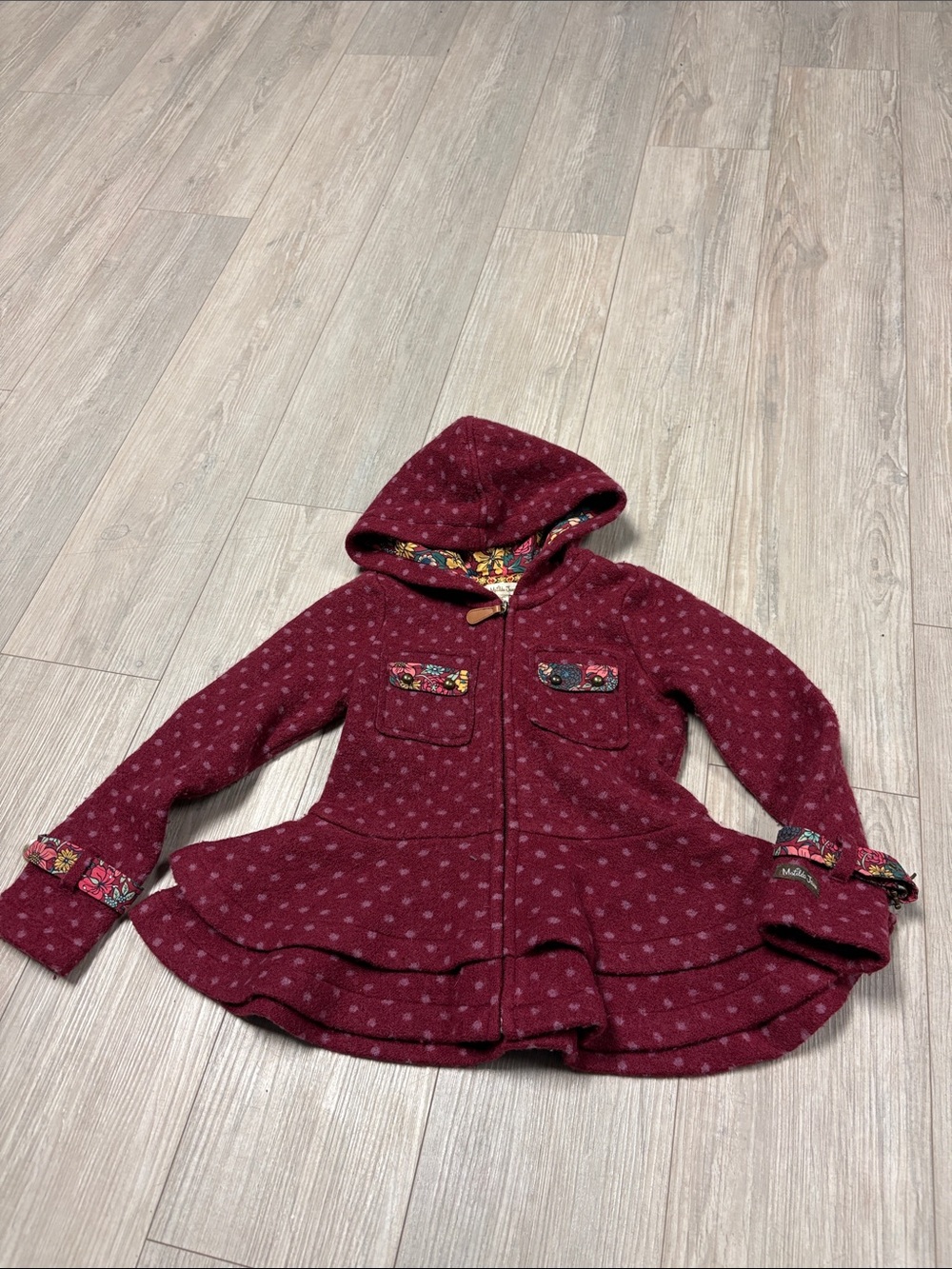 Matilda Jane Burgundy Hooded Peplum Jacket with Floral Trim